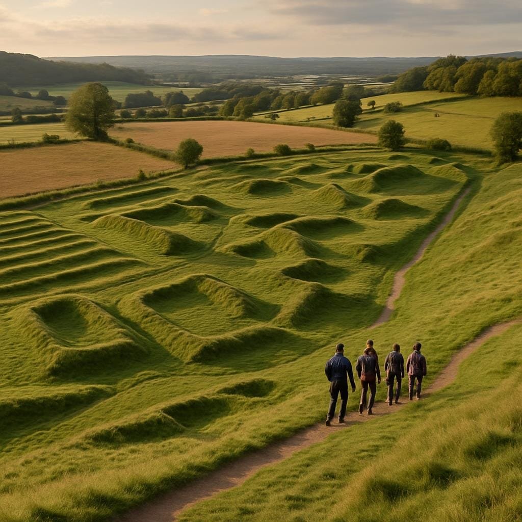 Grassy earthworks and plough ridges of a deserted medieval village viewed from a hillside path