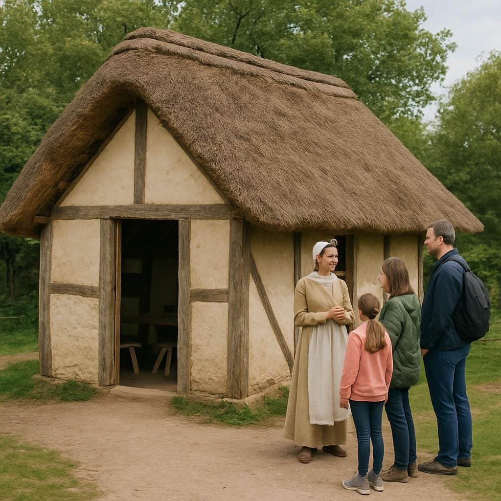 Reconstructed medieval peasant cottage with thatched roof at a UK open‑air museum as visitors look inside