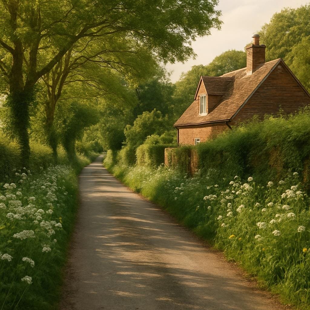 Quiet country lane passing a red-brick cottage in the Kent countryside