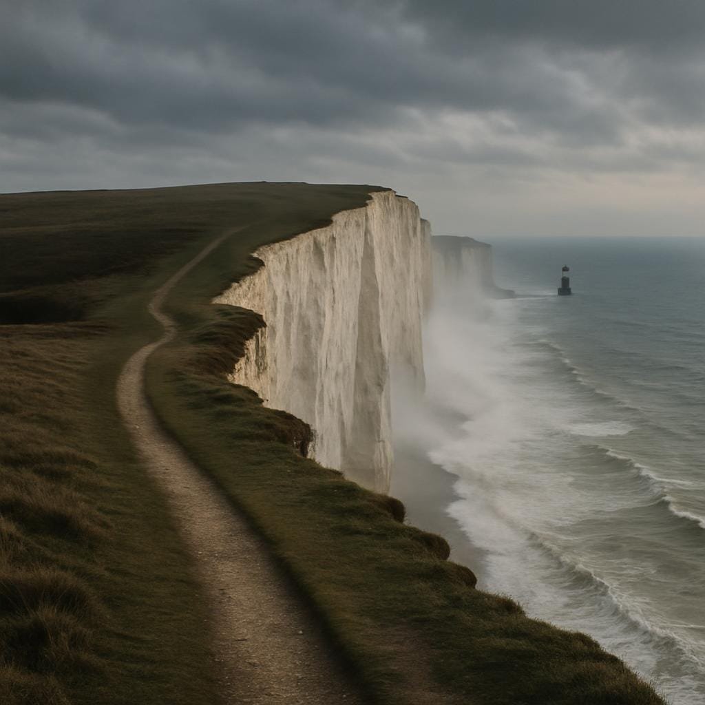 Coastal walking path along high chalk cliffs above a misty sea