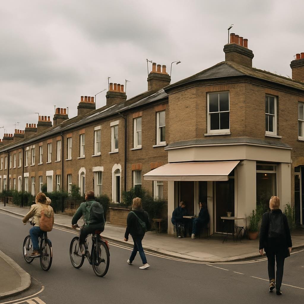 Quiet London residential street with brick terraces and a small neighbourhood café