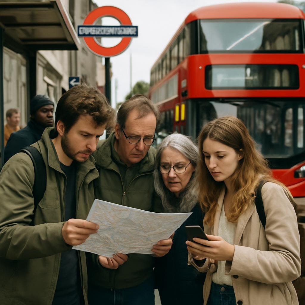 Tourists checking a map at a London bus stop as a red bus approaches