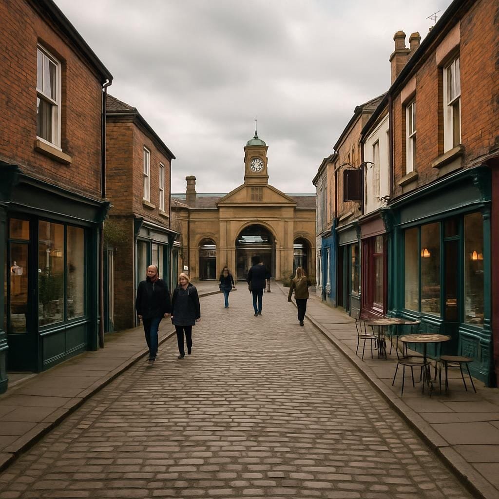 Car-free historic town centre street with small shops and pedestrians