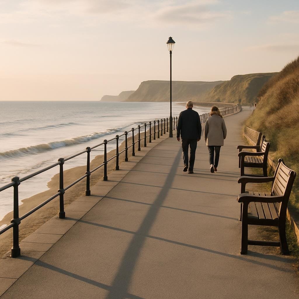 Seafront promenade with walkers and calm sea on a UK coast