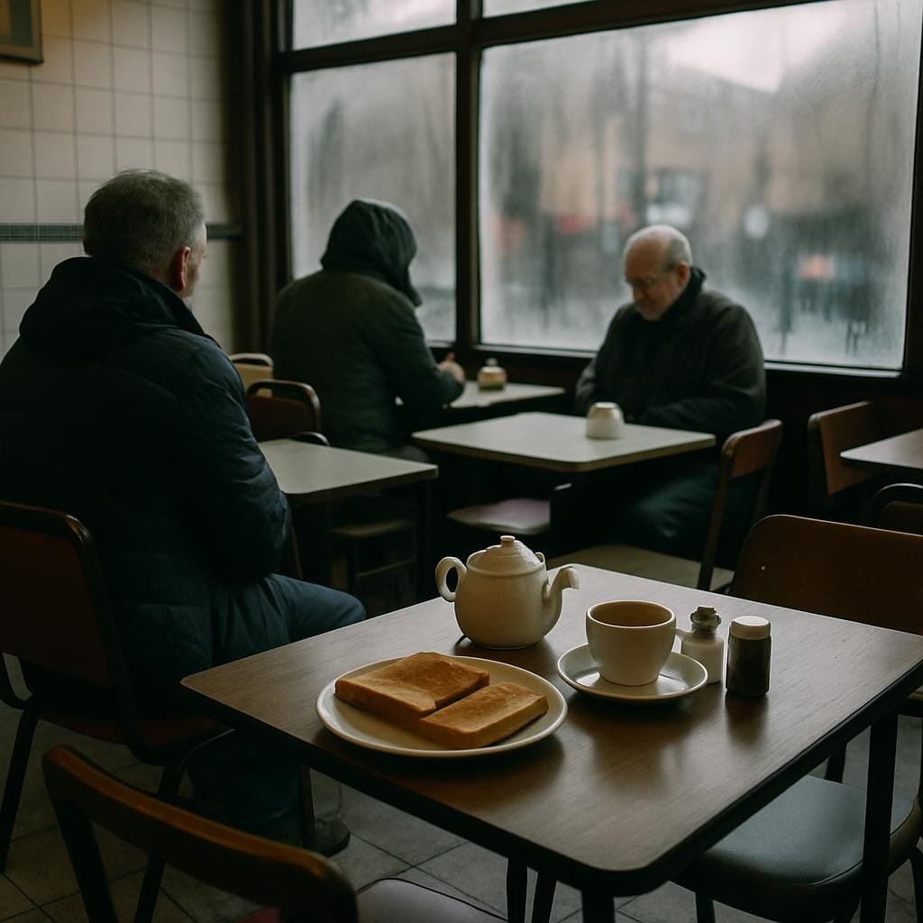 Quiet Manchester cafe with tea and toast on the table
