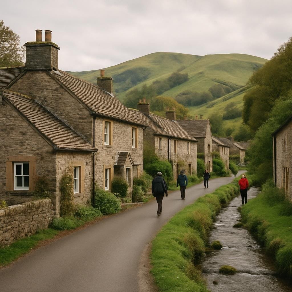 Stone cottages and lanes in Castleton village surrounded by green hills.