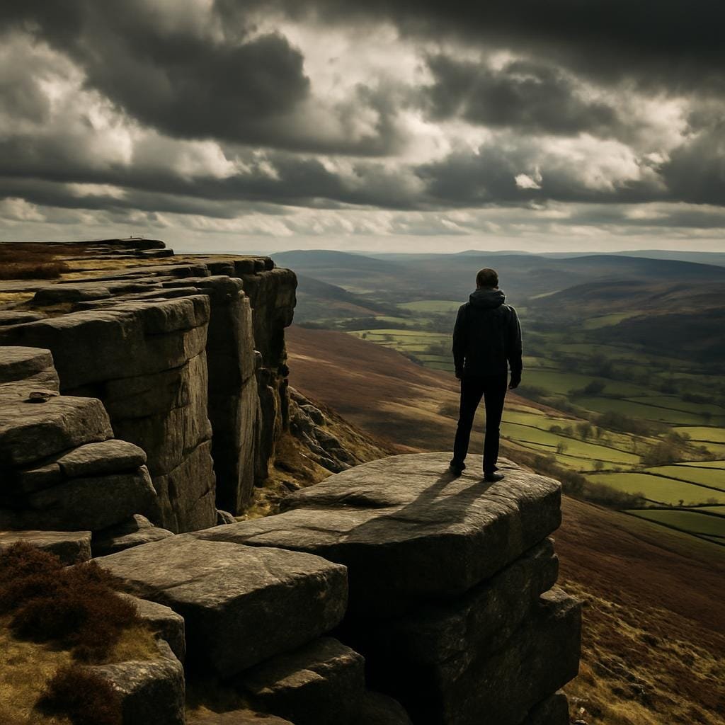 Walker standing on Stanage Edge looking over fields and moorland.