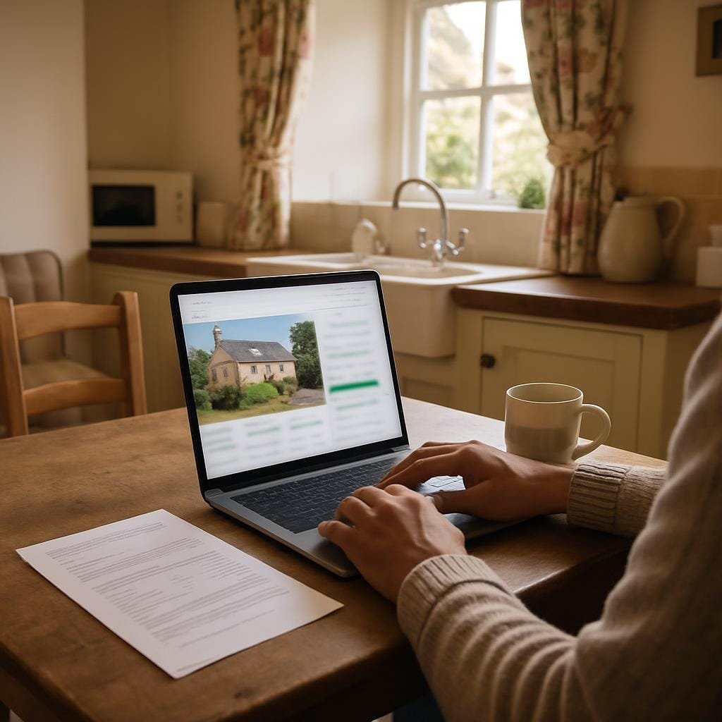 Person at a kitchen table in a holiday cottage checking booking details on a laptop
