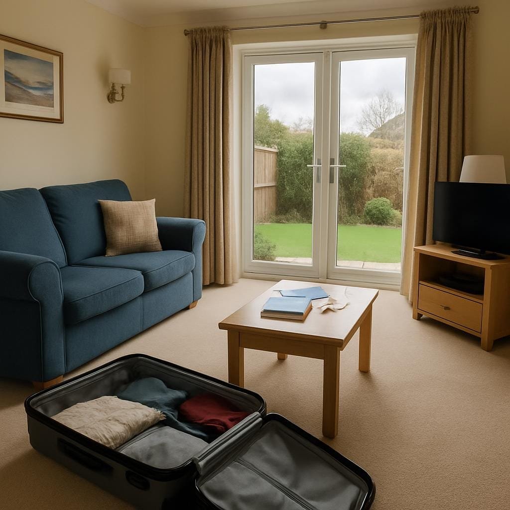 Living room of a UK holiday rental with an open suitcase and keys on the coffee table