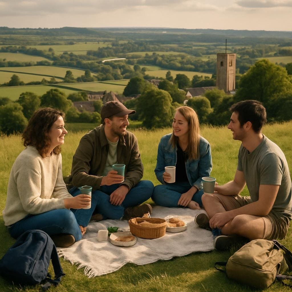 Friends sharing a picnic on a grassy hillside in the British countryside
