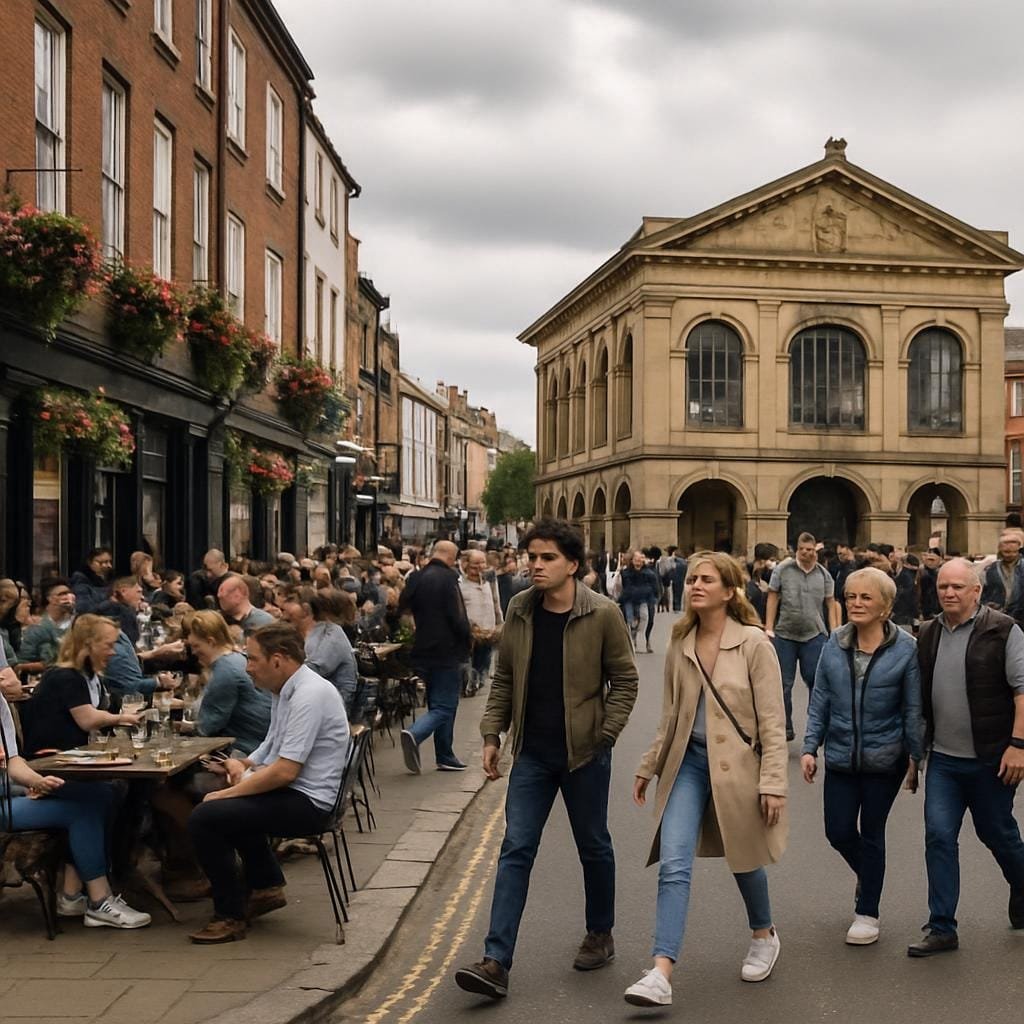 People walking and sitting at cafes on a historic British city street during a bank holiday