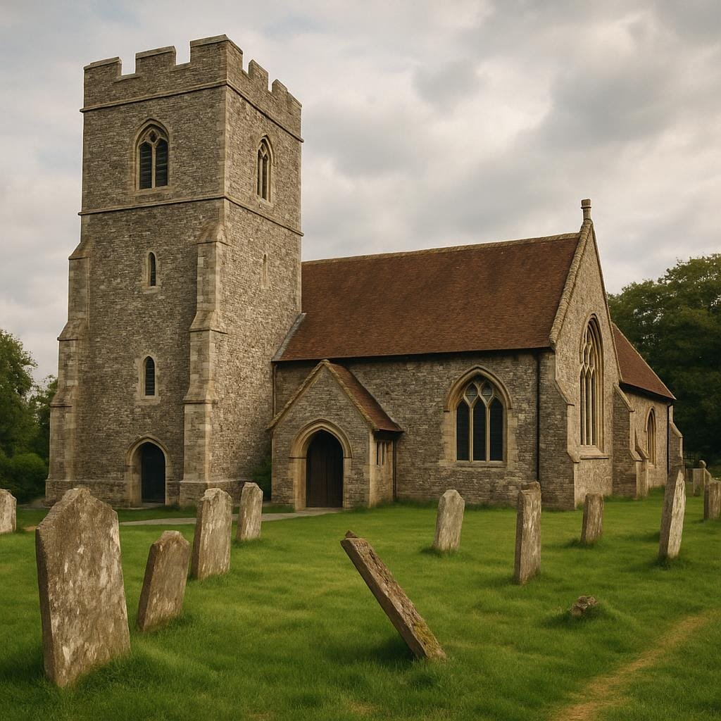 Medieval stone parish church in Kent with an old graveyard in front