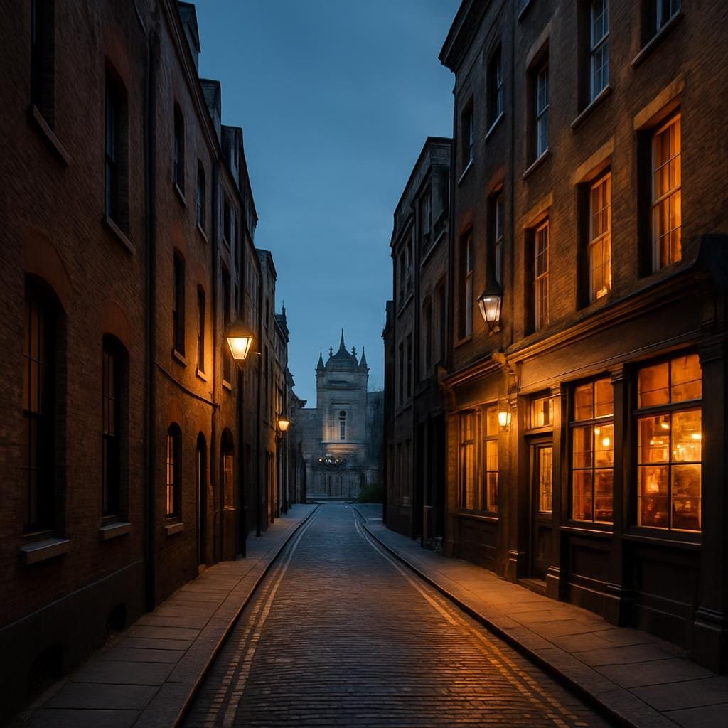 Narrow historic London street with old brick buildings lit by warm evening light