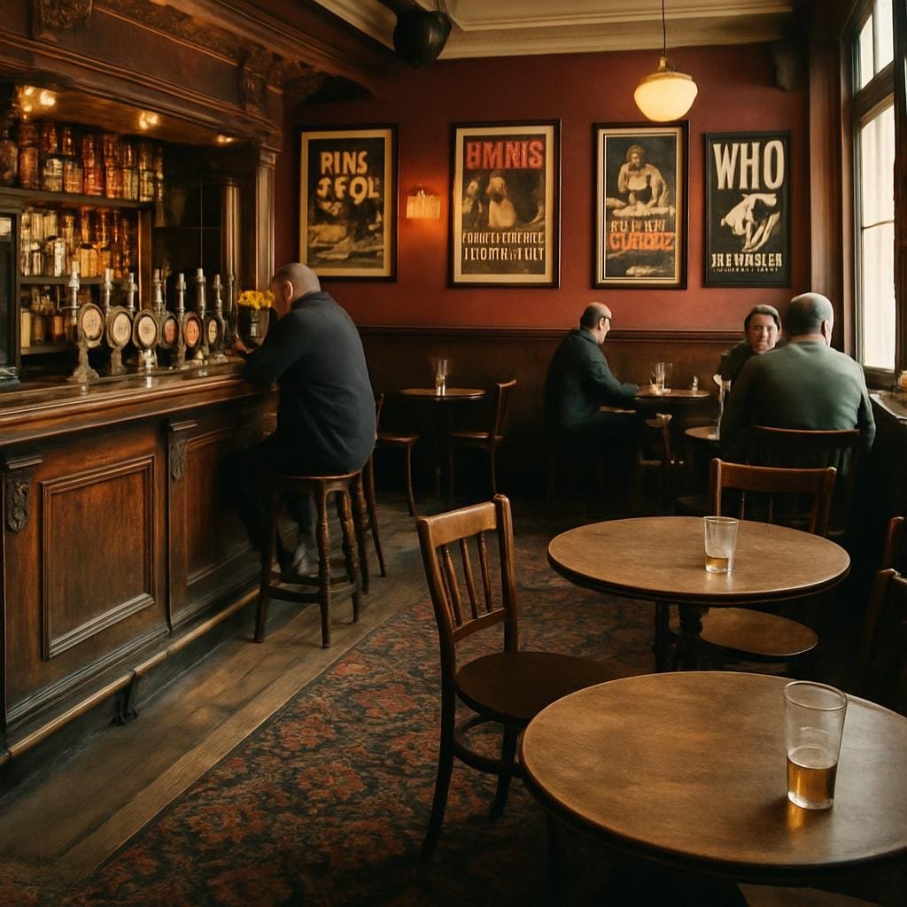Interior of a traditional North London pub with a wooden bar and vintage music posters on the walls.