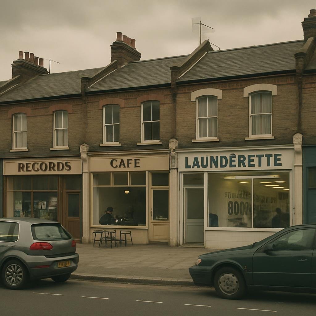 Row of small North London shops including a record store and café on an overcast day.