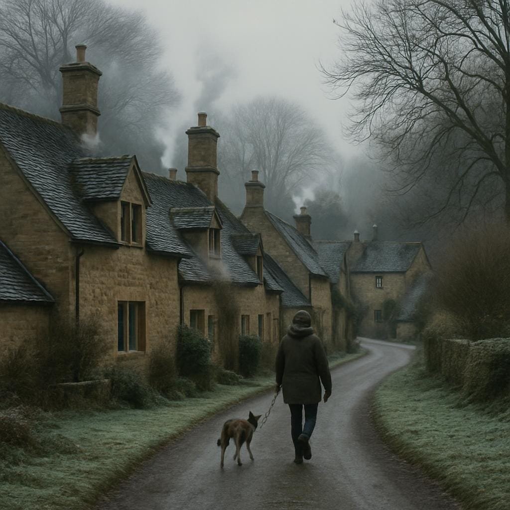Frosty British village street with stone cottages and a person walking a dog