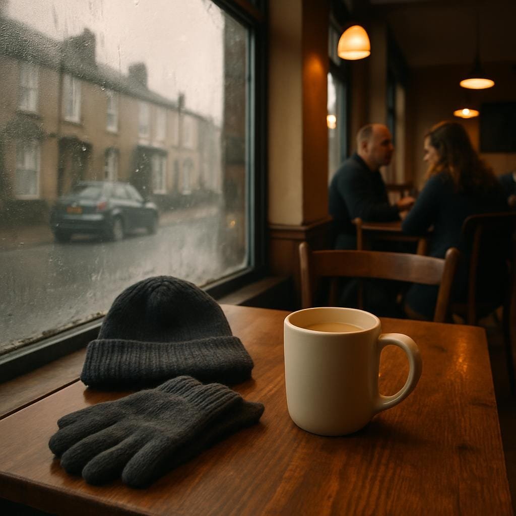 Warm UK café interior with tea on the table and a misted window looking out onto a winter street