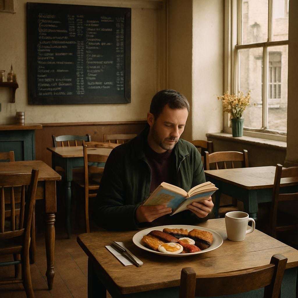 Independent café interior in a historic British town with a regional breakfast served to a solo traveller