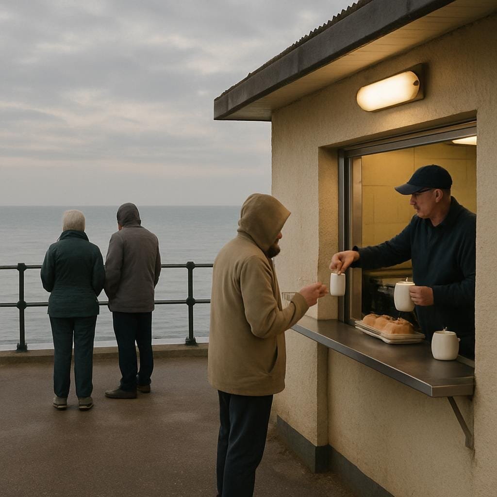 Seaside promenade breakfast kiosk serving morning rolls and tea to people by the water