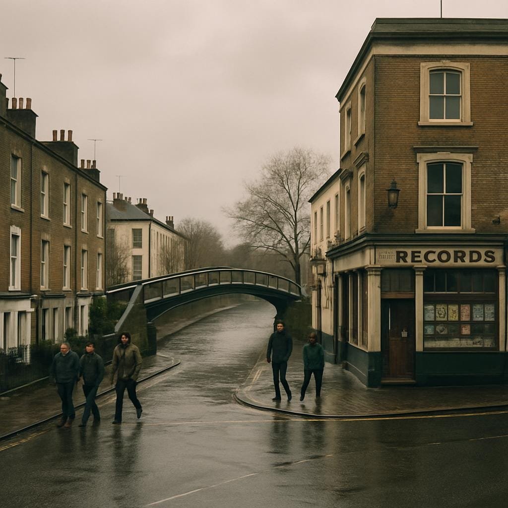 Canal bridge and street with a pub and record shop in Camden