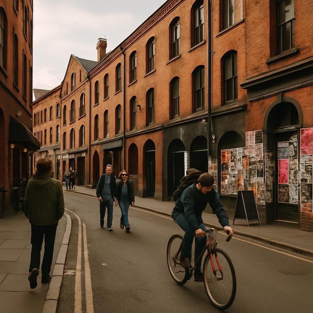 Red-brick music venues and bars on a Northern English city street