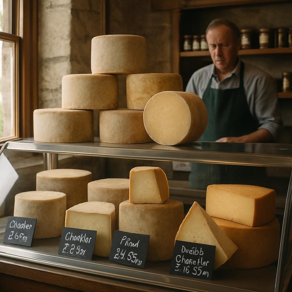 Village farm shop cheese counter stacked with traditional British cheeses