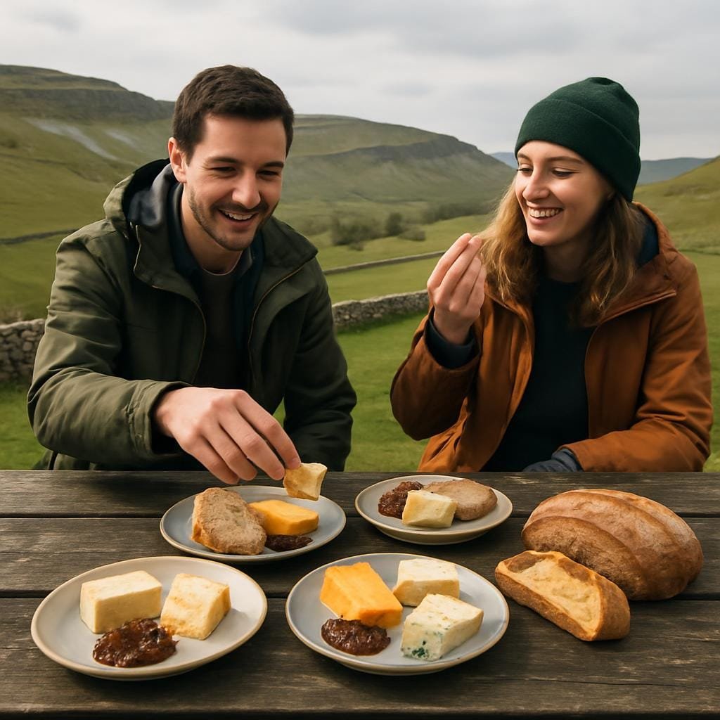 Travellers tasting British cheeses at a picnic table in the Yorkshire Dales