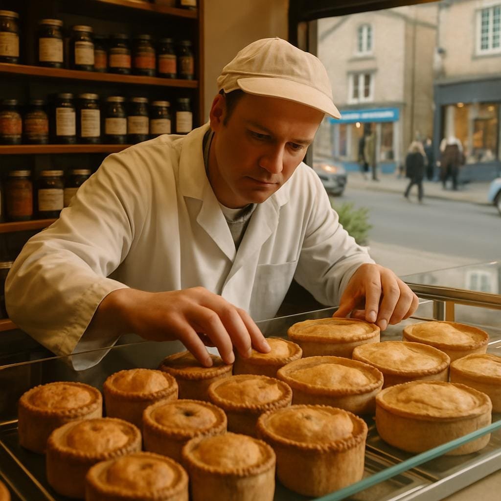Baker arranging fresh pork pies and savoury pastries in a small English town shop display.