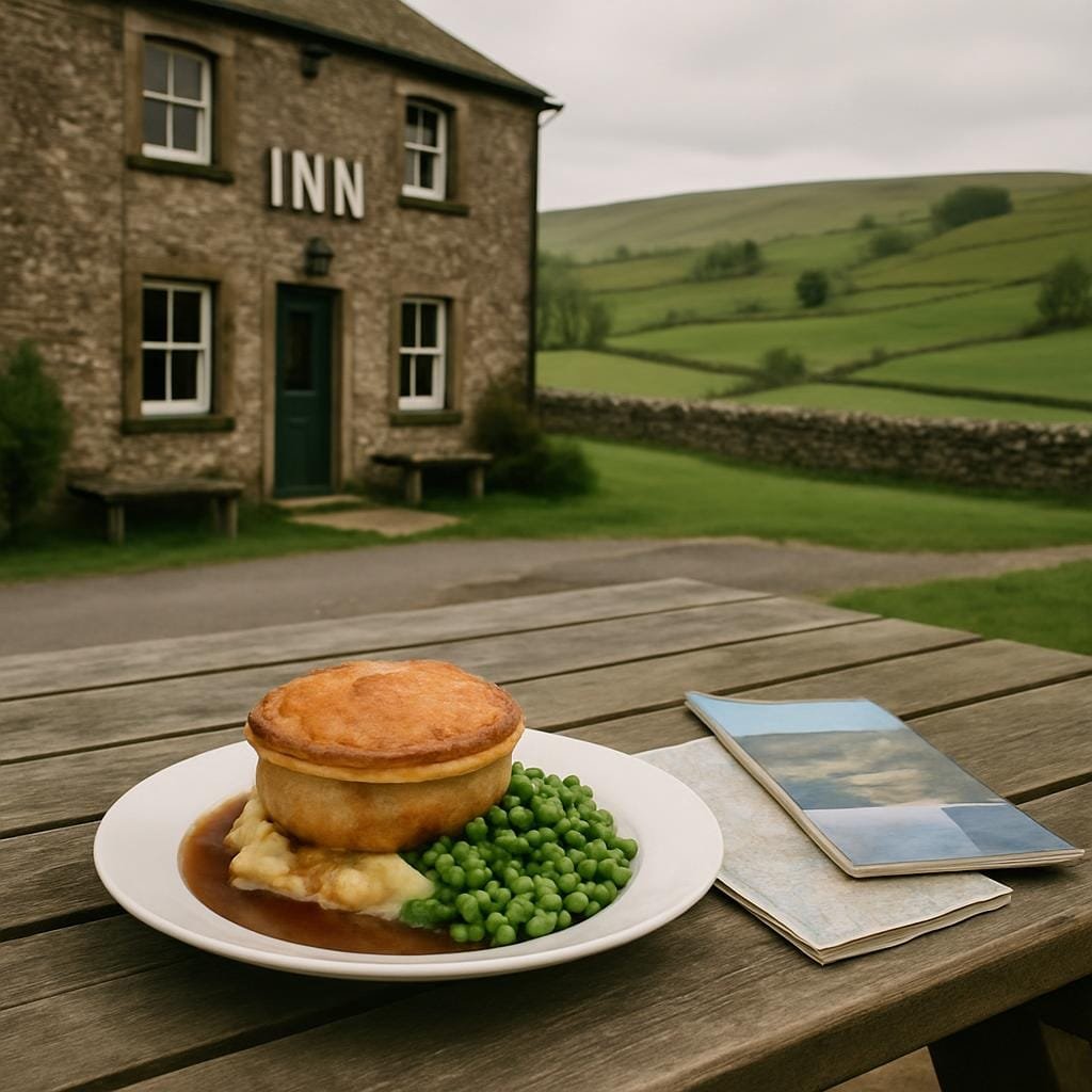 Traditional pie and mash served on an outdoor pub table overlooking the English countryside.