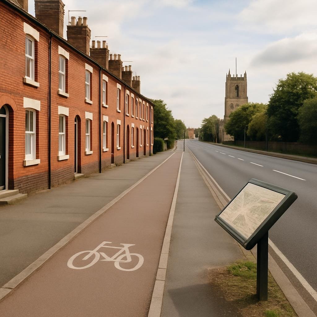 Straight town road with terraced houses and a church tower in England