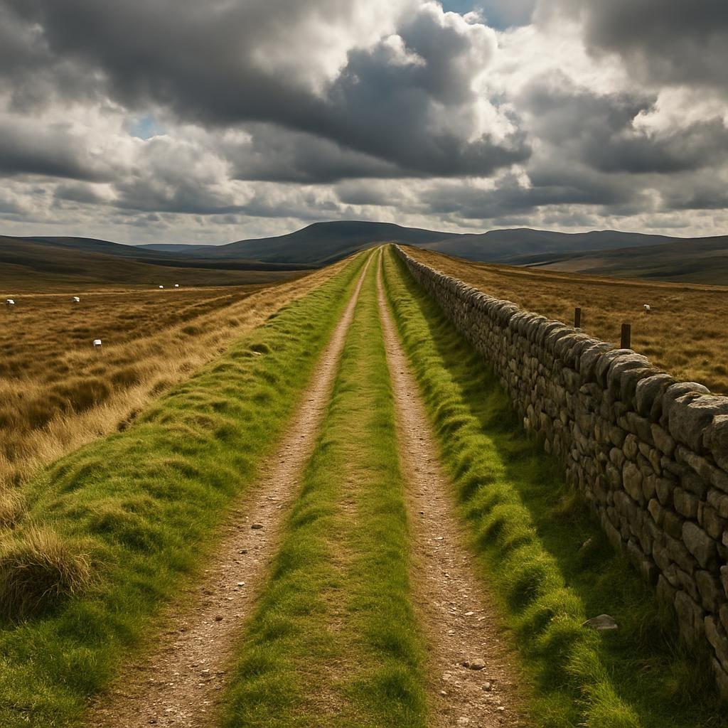 Grassy trail on a raised embankment crossing open British moorland