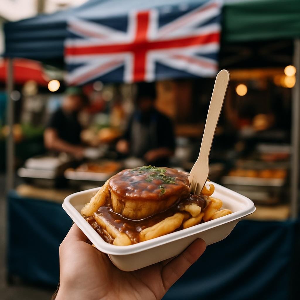 Traveller holding a tray of hot street food in front of a busy UK market stall