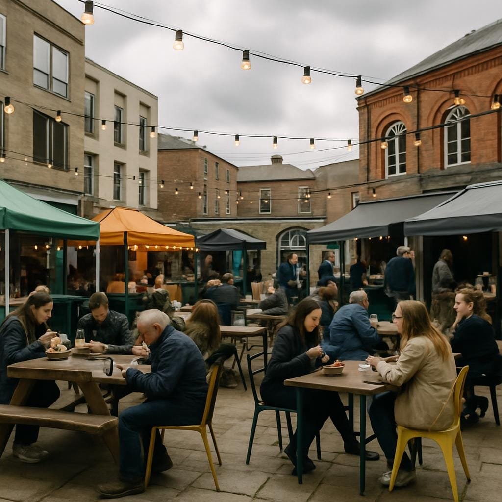 People eating at shared tables in an outdoor UK food market courtyard
