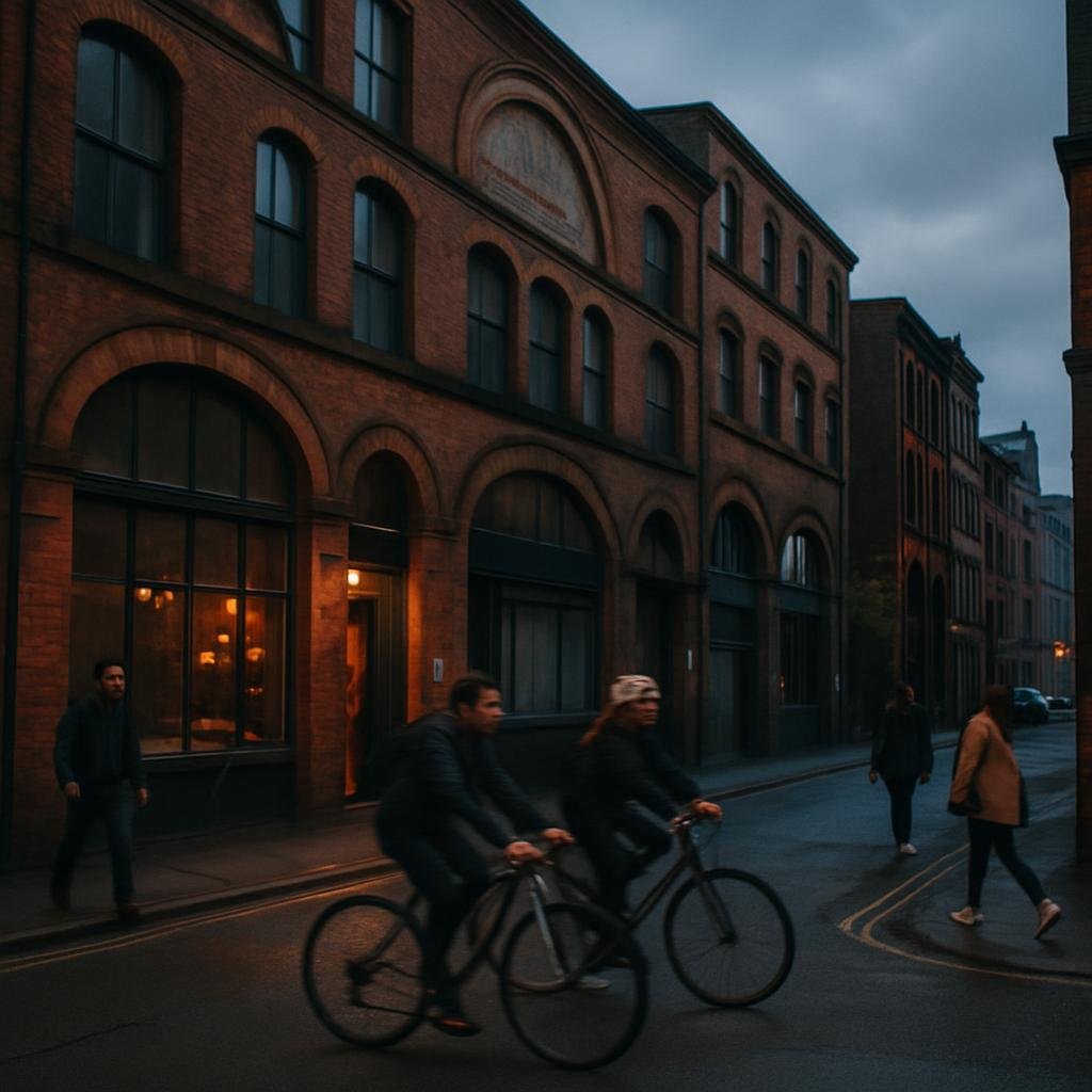 Old brick warehouses and bars at dusk in Manchester’s Northern Quarter