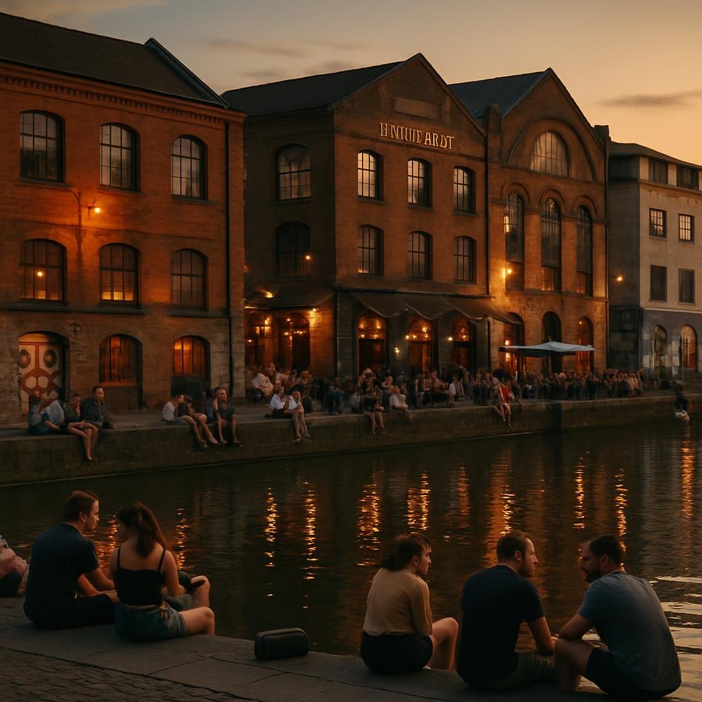 People relaxing by Bristol harbourside beside converted industrial buildings