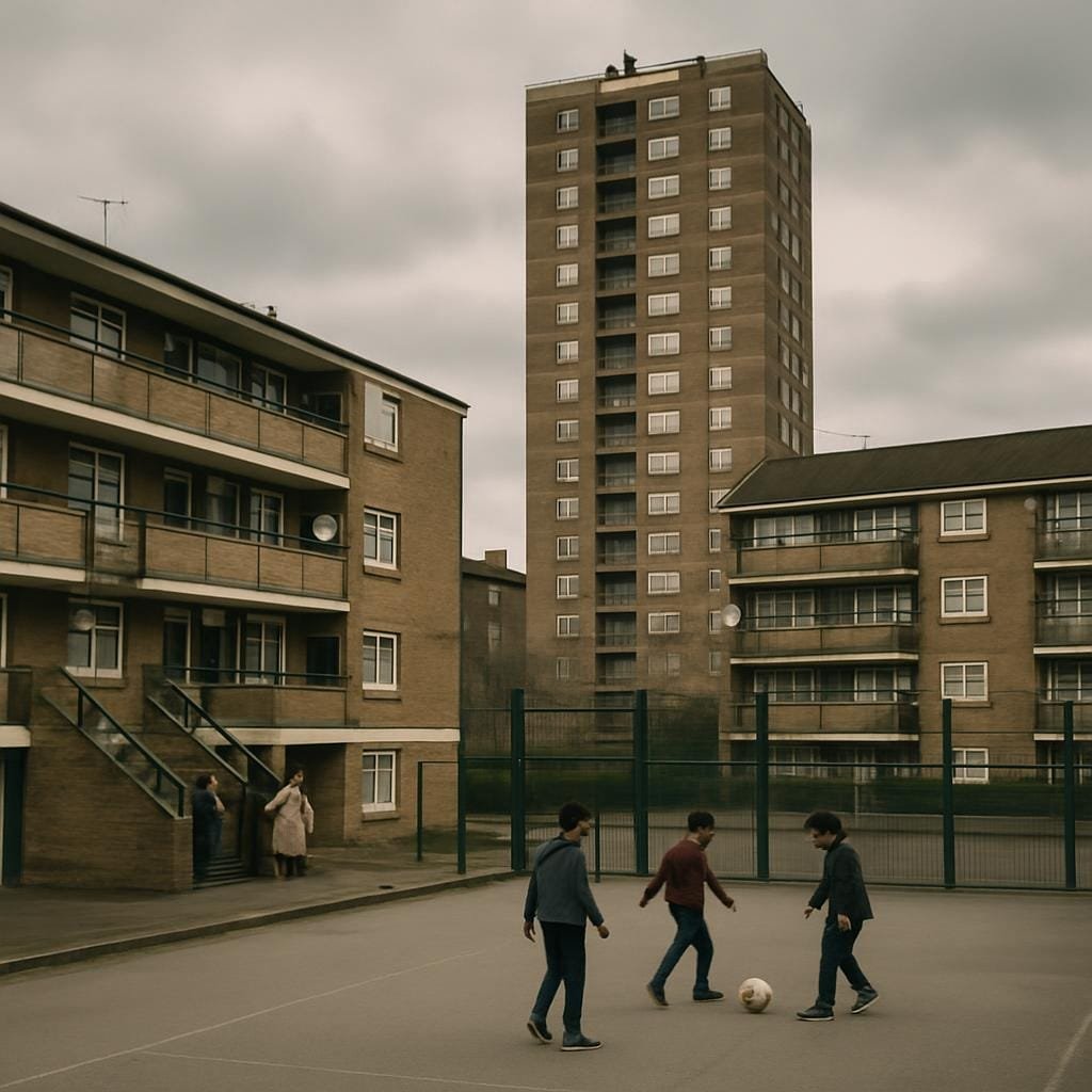 Courtyard of an East London housing estate with children playing football