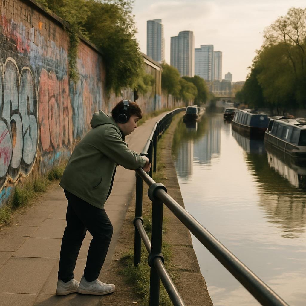 Canal-side path in East London with graffiti walls and moored narrowboats