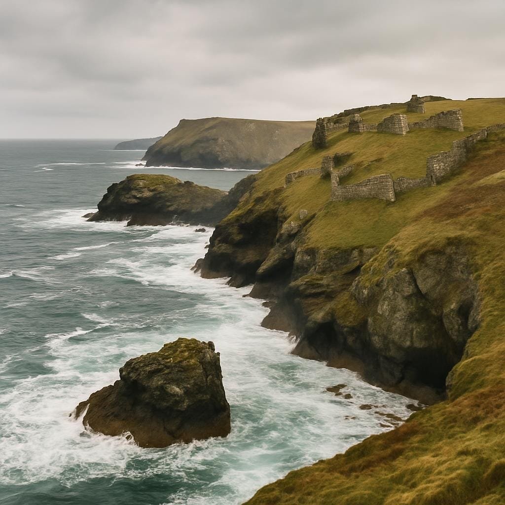 Clifftop ruins overlooking the sea on the rugged Cornish coast at Tintagel