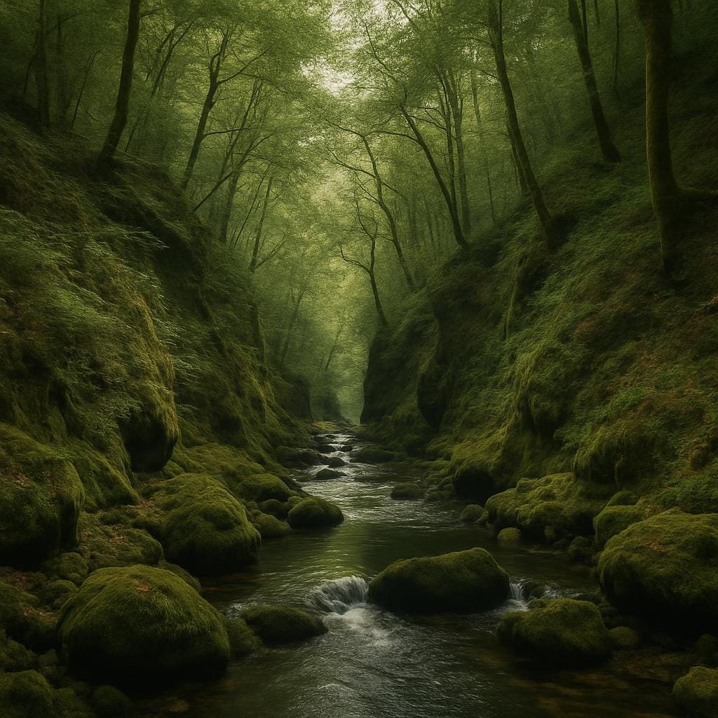 Shaded Welsh woodland gorge with a mossy stream flowing between steep banks