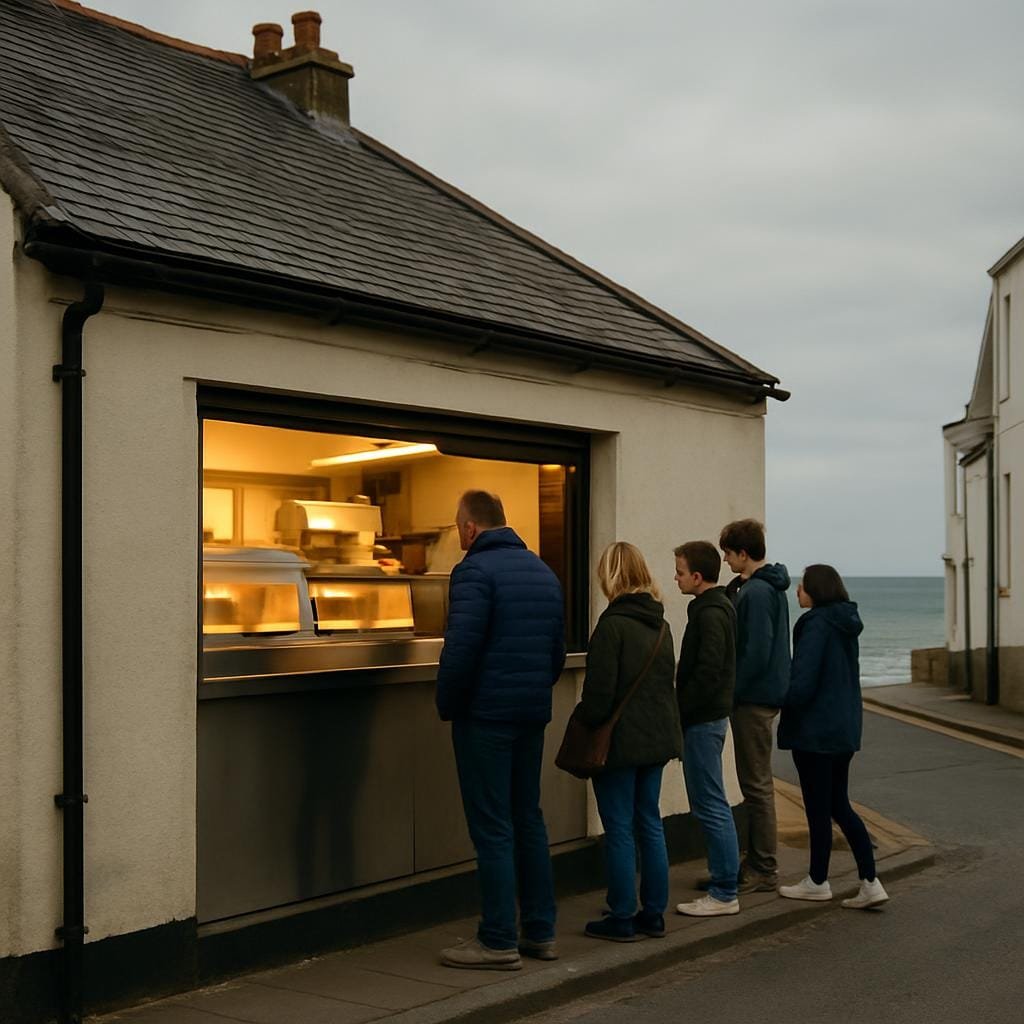People queuing outside a traditional fish and chip shop near the seafront