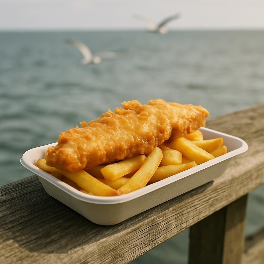 Tray of fish and chips resting on a wooden pier rail with the sea behind