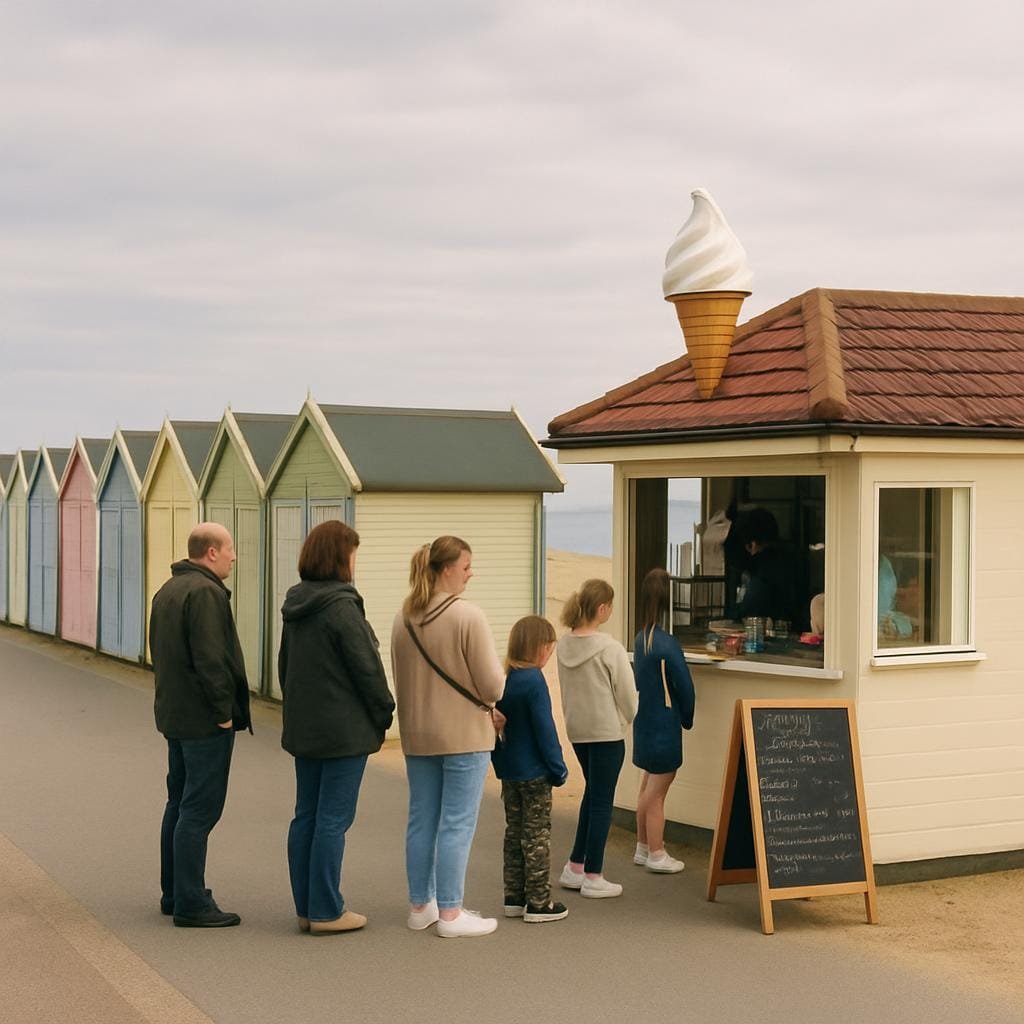 People queuing at a small ice cream kiosk beside pastel beach huts on a British seafront
