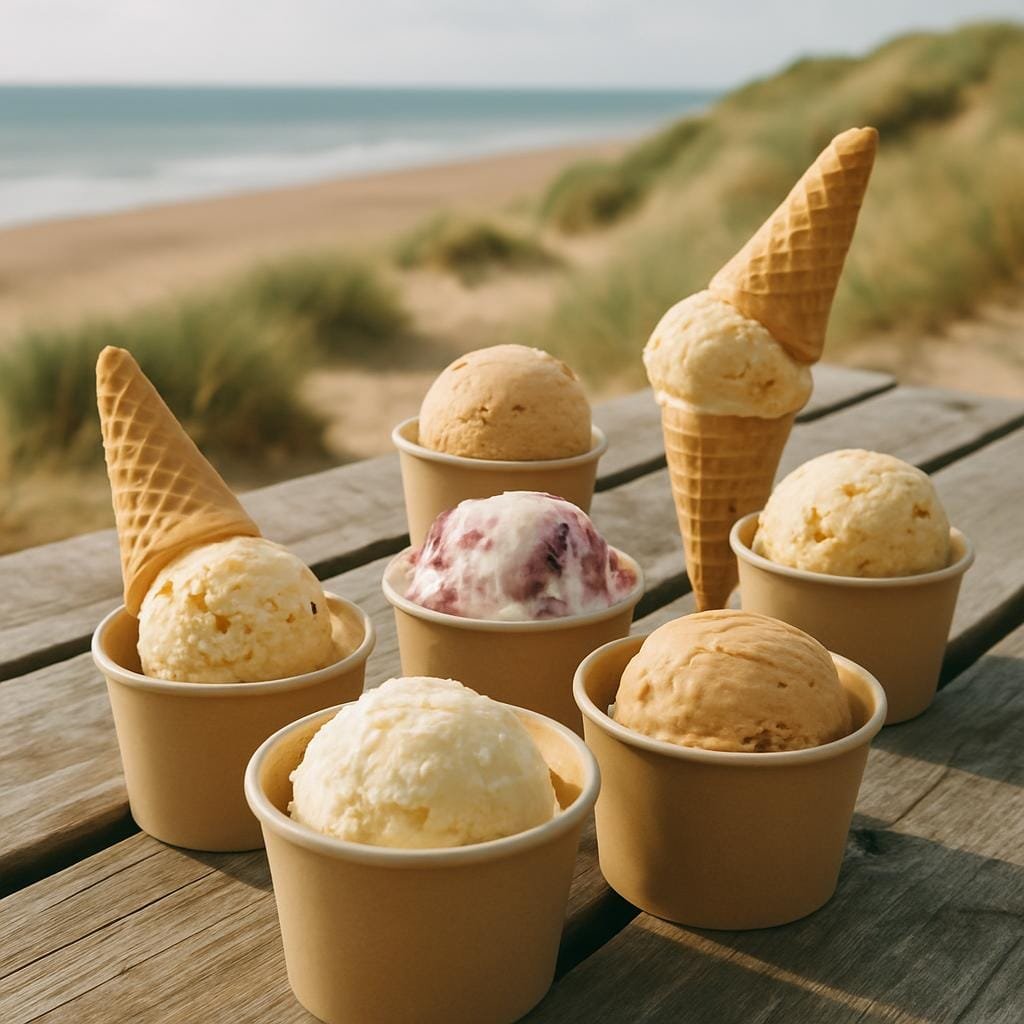 Assorted artisan ice cream tubs and cones on a picnic table overlooking sand dunes and the sea