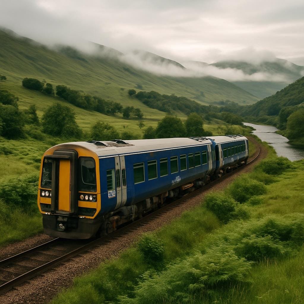 Passenger train travelling through green Scottish Highland countryside beside a river