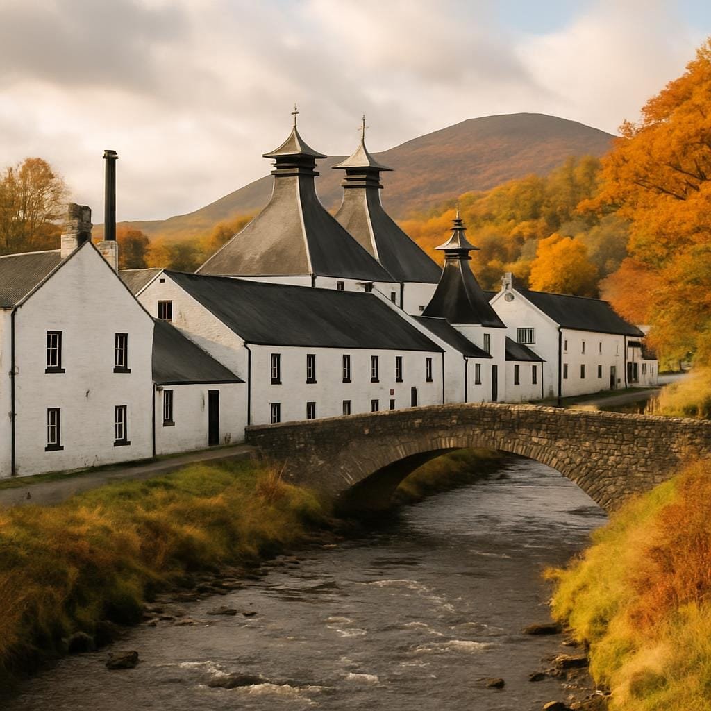 Whitewashed distillery buildings lining a small river in Speyside with autumn hills behind