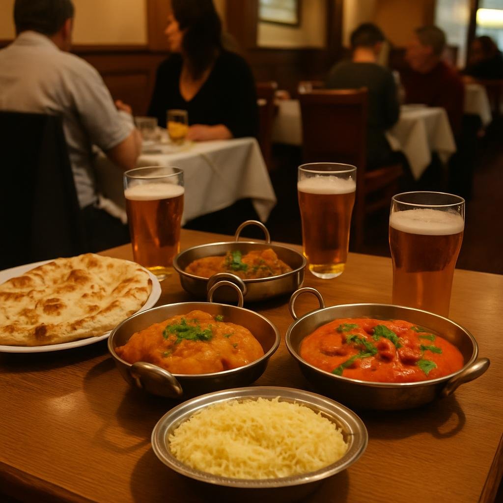 Shared table of curries, naan and drinks inside a busy British curry restaurant