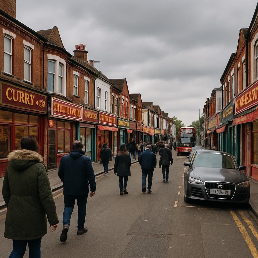 UK high street lined with curry houses and South Asian shops on a cloudy day