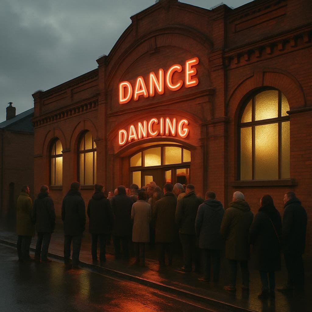 People queue outside a historic red-brick dance hall in northern England at dusk