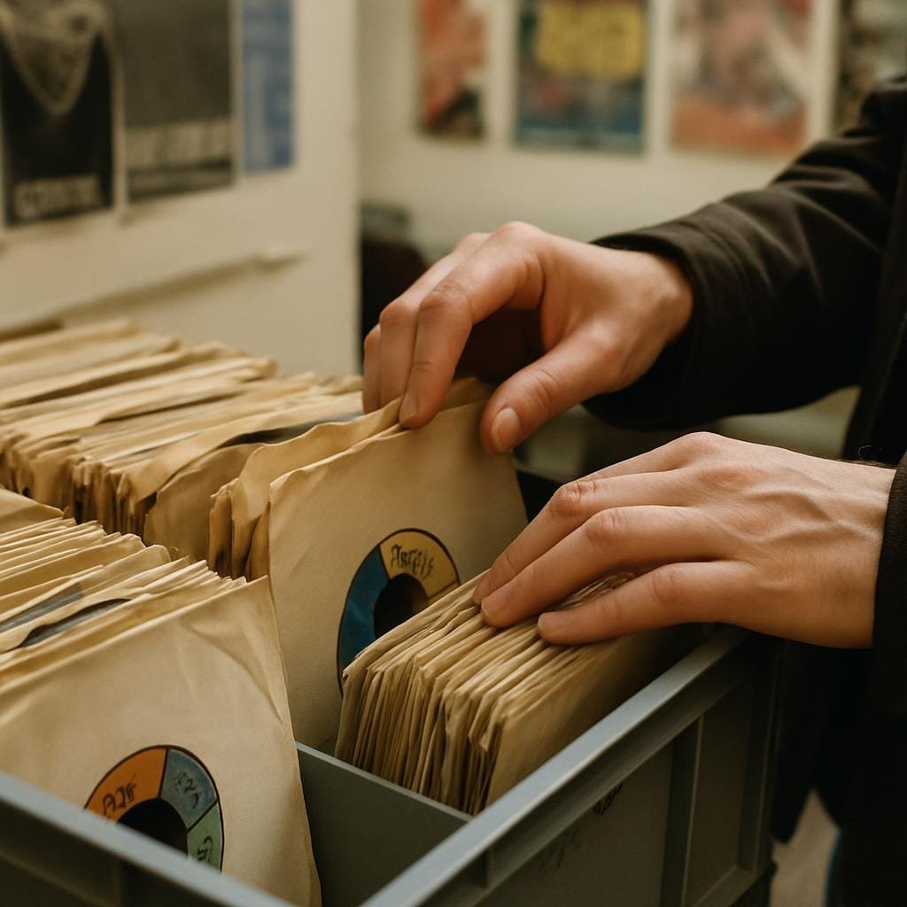 Hands search through a crate of vintage soul 7-inch records in a UK shop
