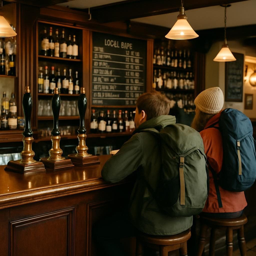 Walkers with rucksacks standing at the bar of a traditional British pub with cask ale pumps.